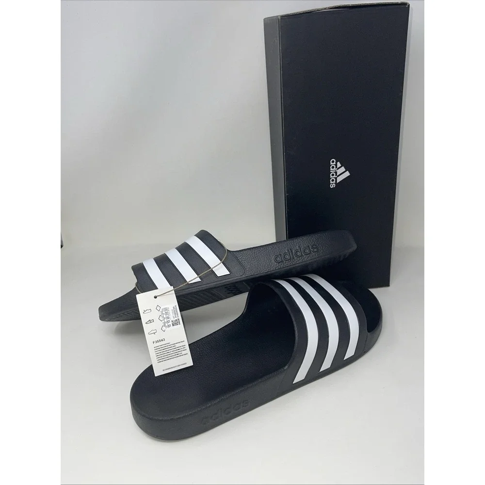 Adidas Men's Size 13 Women 14 Slides Black White 3 Stripes Adilette Aqua Slip On